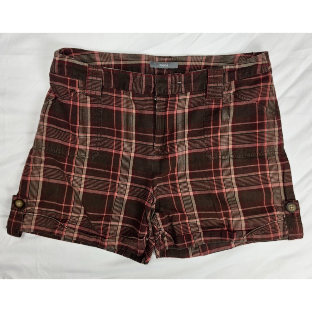 Apt 9 Womens Plaid Shorts Size 12 Brown Pink Cotton Preppy Y2K Academia
